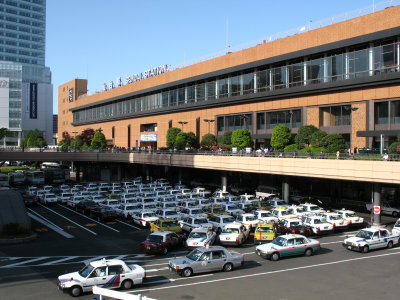 Rows of taxis out front Sendai Station