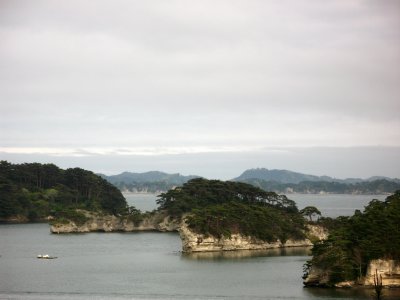 Islands in Matsushima Bay below the cloudy sky