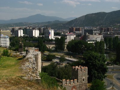 Castle walls and central Skopje skyline