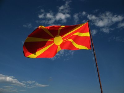 Macedonian flag flying over the castle