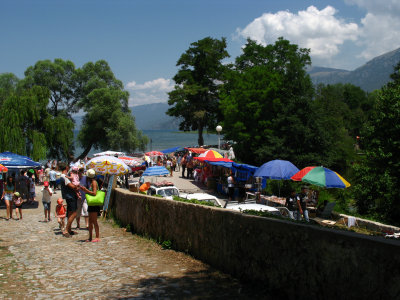 Umbrellas along the main path through Sveti Naum