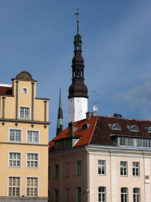 Town spire and nearby buildings