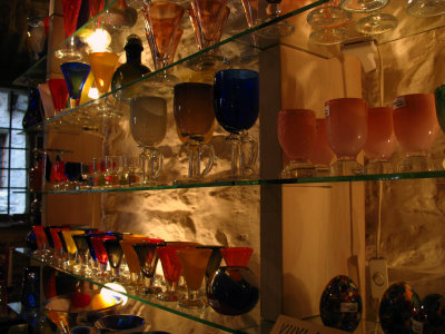 Handblown glassware in a glassblowers shop