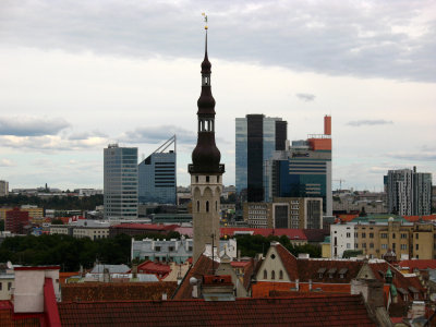 City hall spire with Tallinn's modern towers