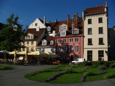 Old buildings facing Filharmonijas Laukums