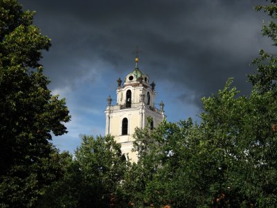 St. John's belfry rising over a park