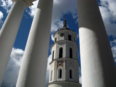 Belfry viewed from the pillars of Vilnius Cathedral