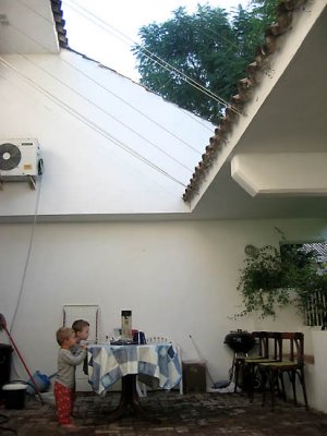 Luis and S2 checking out world's worst placed rain gauge - new house