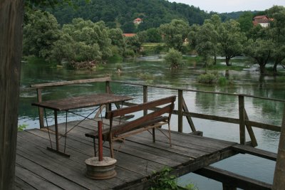 cafe on the flooded but peaceful Una River, Bosanska Krupa, Bosnia