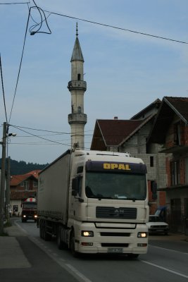 truck and minaret, Bosanska Krupa