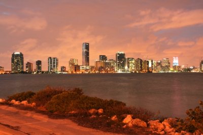 Downtown Miami  at sunset, view from Biscayne Bay, Miami Florida