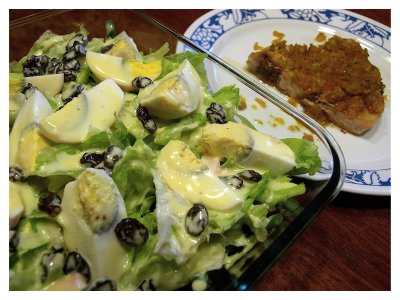 Salad with home made mayonnaise and shark fillet