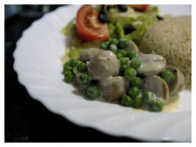 Peas and meat ball in white sauce with chicken flavoured rice