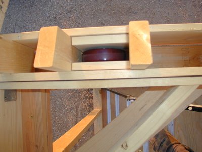 The upright pieces of 2x4 were beveled to match the angle of the rool (22-1/2 deg.). This provided an easy attachment point for the roof trusses. Note the small pieces of 1x6 that when added to the thickness of the wheel fit within the carriage sides (the width of the 2x4 uprights).
