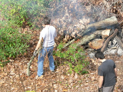 Jace & Joe working in backyard