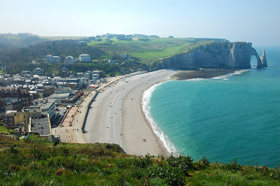 view of Etretat 's beach, Falaise (arch) d'Aval,and the needle (L'Aiguille) - seen from the Falaise d'Amont