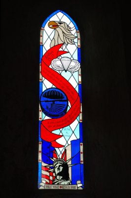 stained glass window commemorating two heroic medics in Angoville au Plain