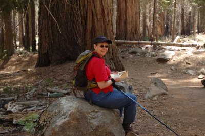 Glynda hiking the Mariposa Grove