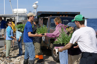 Offloading Flats from the Heiser, at the High Tide Dock