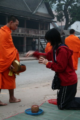 Early in the morning, the monks walk barefoot to get their food from the citizen - Luang Prabang - Laos