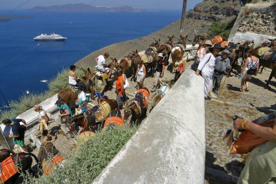 Santorini, going down in a crazy race to catch the shuttle, we're late
