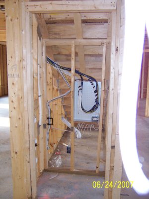 Closet under the stairs where the structured wiring panel is located.