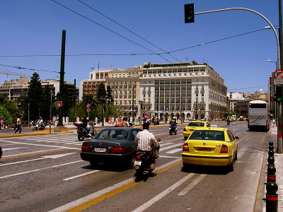 A road scene outside the Parliament Building and Syntagma Square