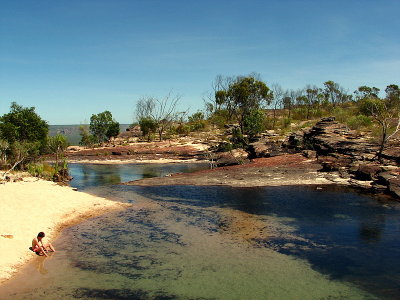 Relaxing at the top of Jim Jim Falls