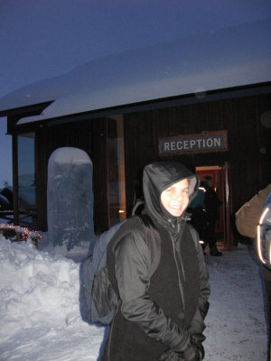 Arriving at the warm reception building at the Ice Hotel in Jukkasjarvi