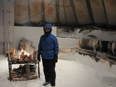 Inside the ceremonial lavvu at the Ice Hotel