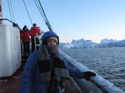 Cyn braves the elements to scan for orcas