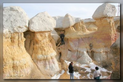 Hoodoos...outcrops that erode, with a hard capstone that allows columns of clay to be preserved beneath them