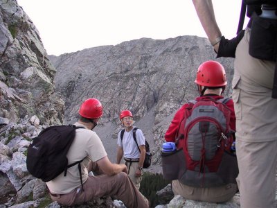 James Discussing the Lake Como Approach to Little Bear, Atop Saddle of 1st Gully, About 6:00AM