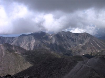 Antero Summit View of Cloud-topped Mt Shavano (14,229') on left & Tabeguache Pk (14,155') on right