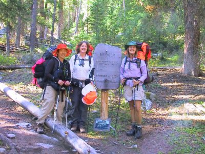 Mal Sun, Deb, and Barb, at the Bridger Wilderness Boundary