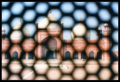 Badshahi Mosque seen through screen