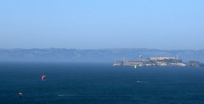 Alcatraz from car on Golden Gate Bridge