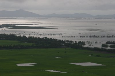 view from Sam Mountain towards Cambodia, the green bits are rice fields