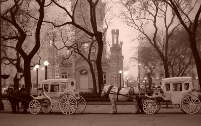 Chicago Water Tower Park on a foggy spring evening