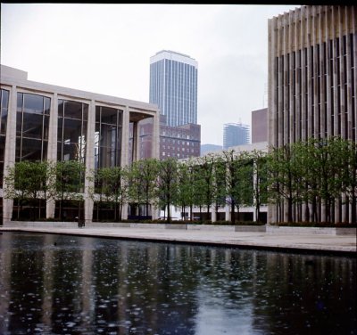 Rainy day at Lincoln Center, NYC.  Scan of slide, late 60's
