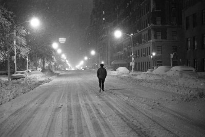 Walking down Central Park West during snow storm. Winter 1968/69