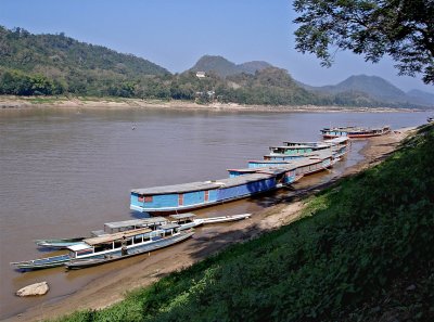 Boats docked, view up the Mekong