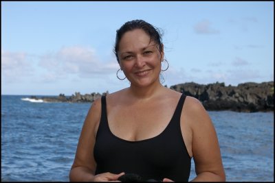 Susan on the black sand beach