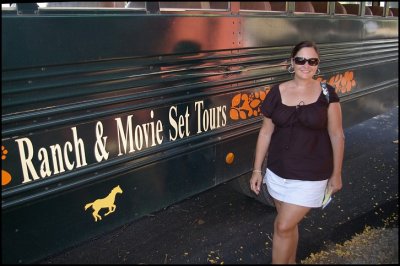 Standing outside the movie bus