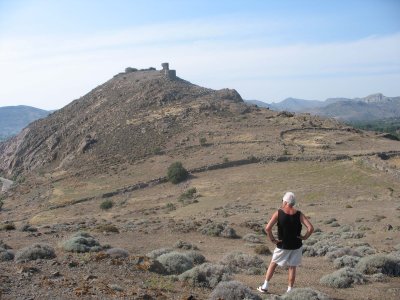 Mountain and Turkish ruins at Skala Eressos, Lesvos