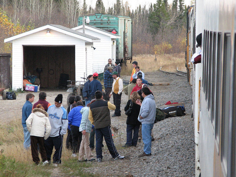 Passengers stretch their legs at Moose River Crossing