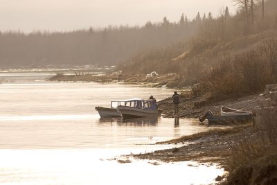 Taxi boats along the Moose River shore
