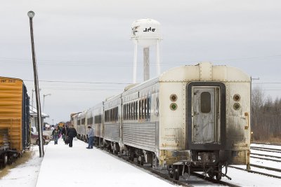 Rear end of passenger section of mixed train in Moosonee station