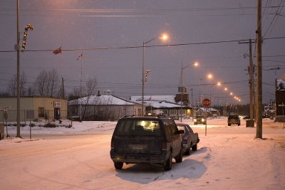 Downtown Moosonee, First Street with light snow falling