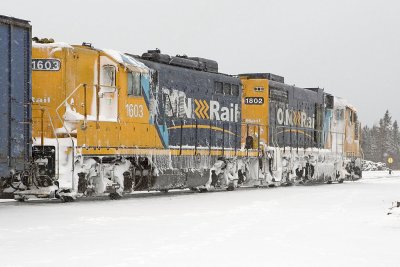Engines display the snow and ice they picked on en route from Cochrane.
